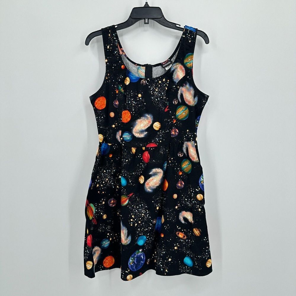 Retrolicious Black Space-Print Mini Dress with Multicolor Planets